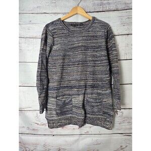 Jeanne Pierre Womens Sweater Large Blue Brown Gray Multi-Colored Tunic Cotton